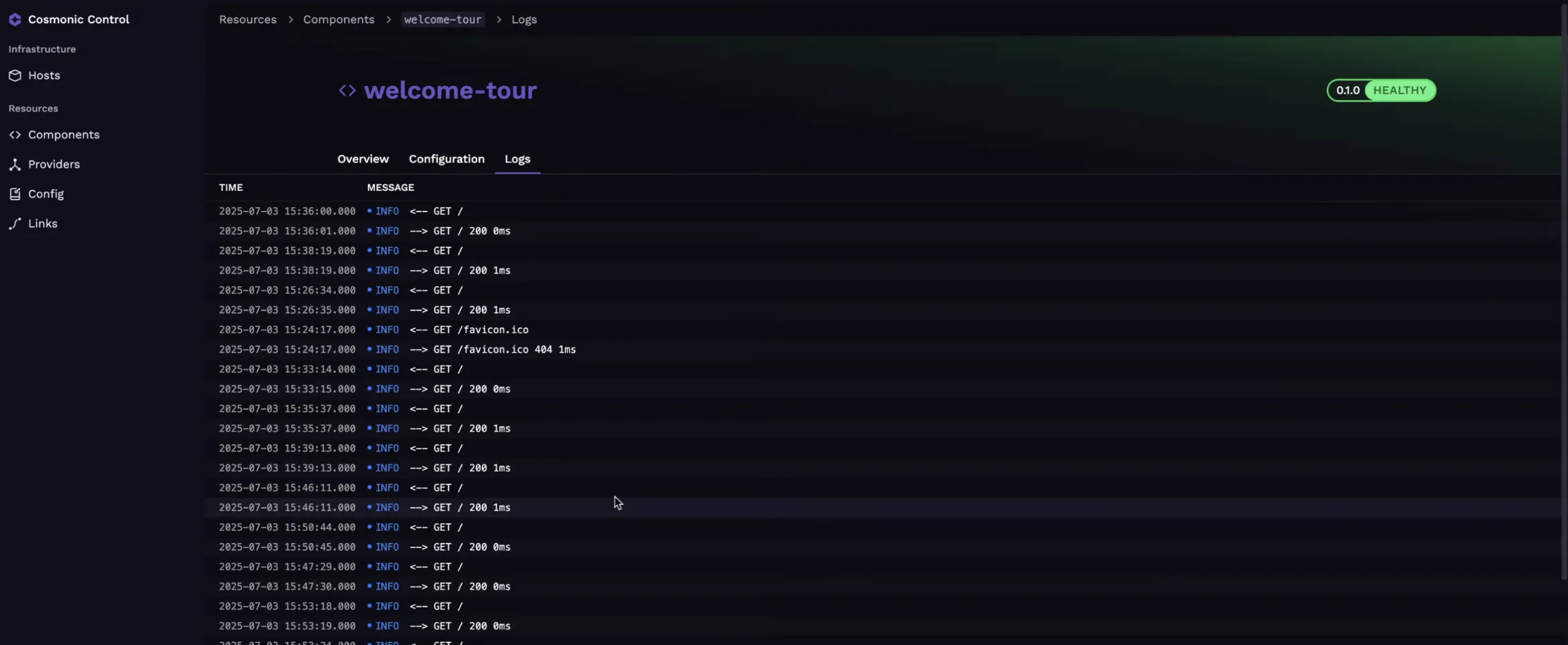 Console UI component logs screenshot
